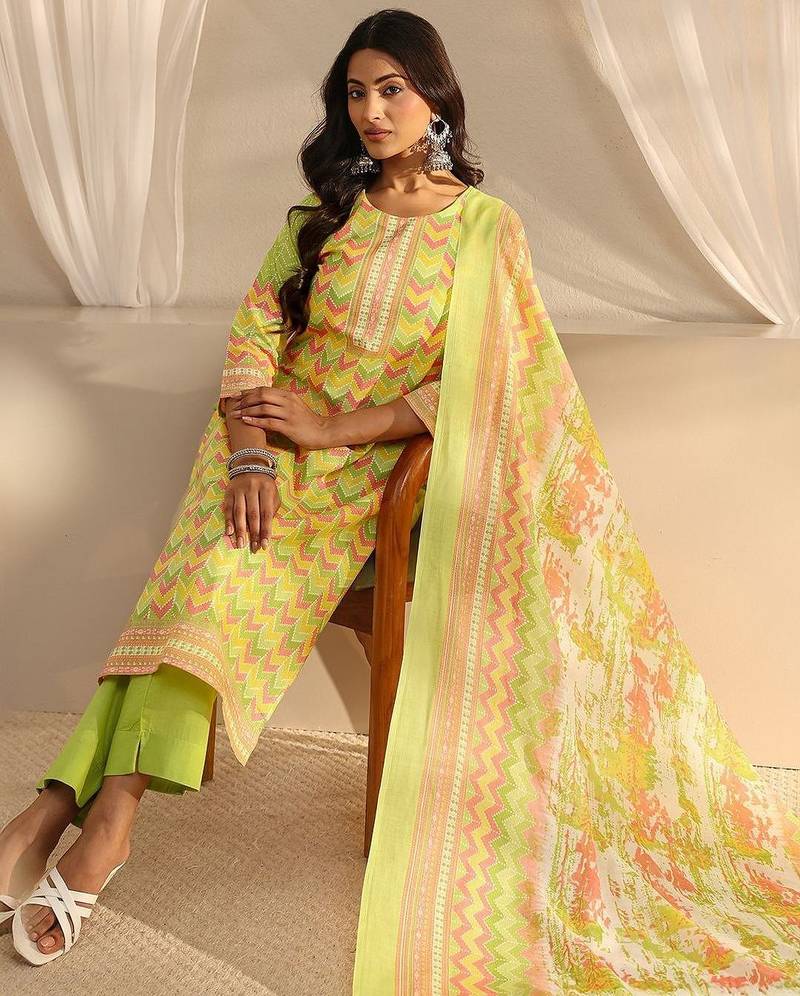 libas green chevron printed straight suit set with dupatta