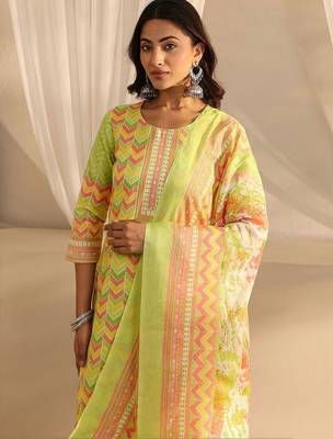 libas green chevron printed straight suit set with dupatta 2