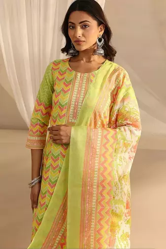 libas green chevron printed straight suit set with dupatta
