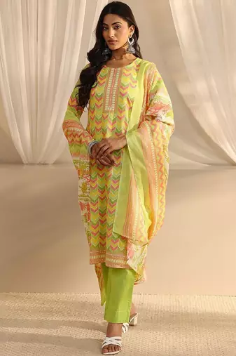 libas green chevron printed straight suit set with dupatta