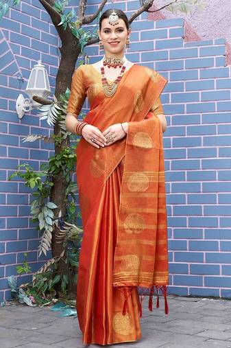 Orange orange & gold-toned paisley woven design zari tissue saree