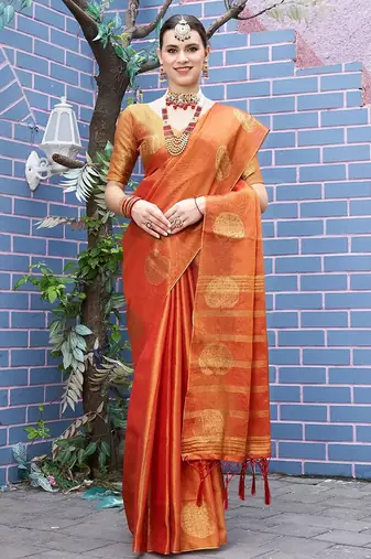 Orange orange & gold-toned paisley woven design zari tissue saree