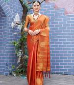Orange orange & gold-toned paisley woven design zari tissue saree