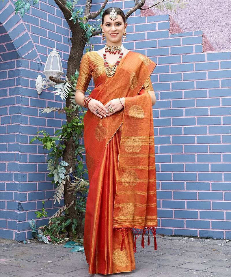 Orange orange & gold-toned paisley woven design zari tissue saree