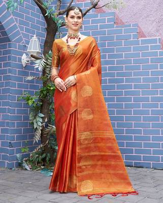 Orange orange & gold-toned paisley woven design zari tissue saree 2