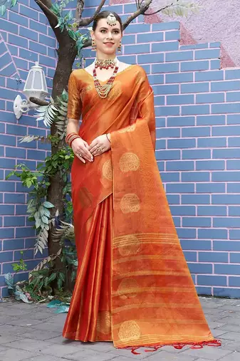 Orange orange & gold-toned paisley woven design zari tissue saree