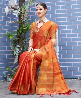 Orange orange & gold-toned paisley woven design zari tissue saree 3