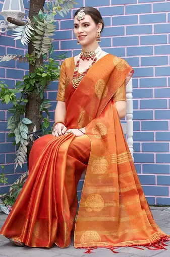 Orange orange & gold-toned paisley woven design zari tissue saree