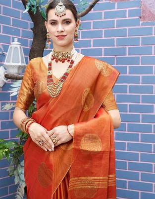 Orange orange & gold-toned paisley woven design zari tissue saree 4