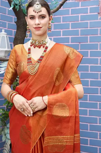 Orange orange & gold-toned paisley woven design zari tissue saree