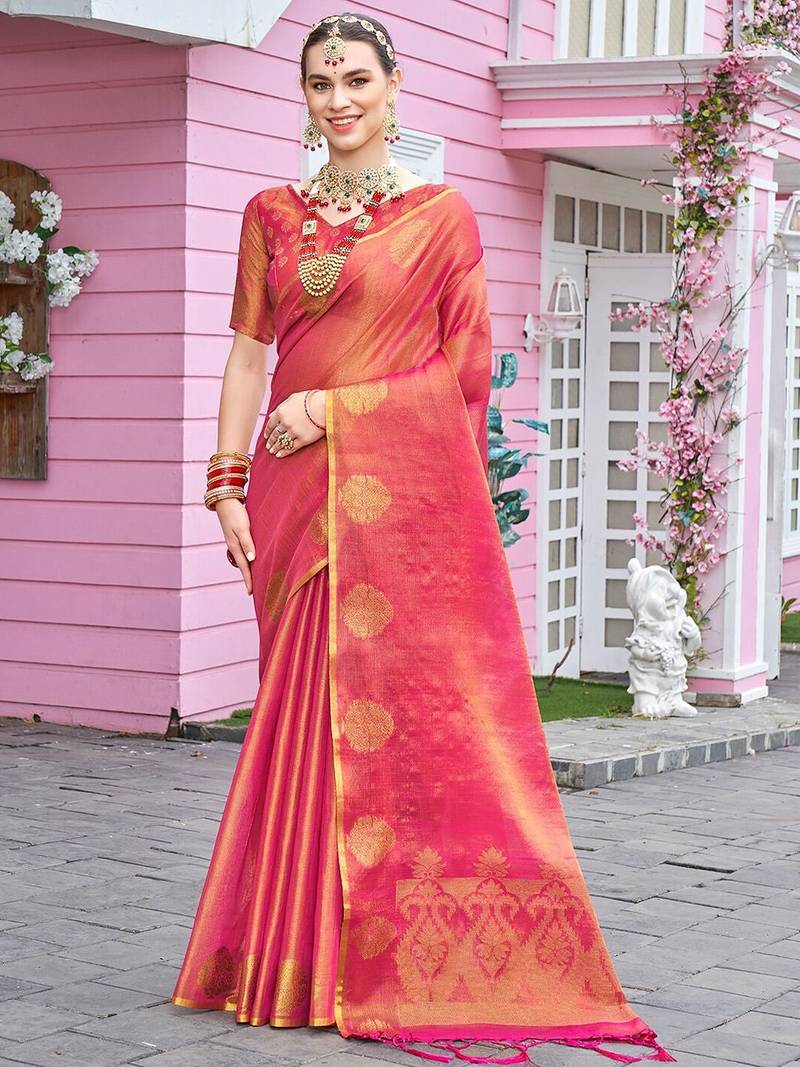 Pink woven design tissue saree