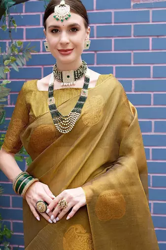Olive woven design zari tissue saree