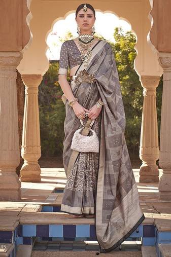 Grey ethnic motifs woven design zari tussar saree