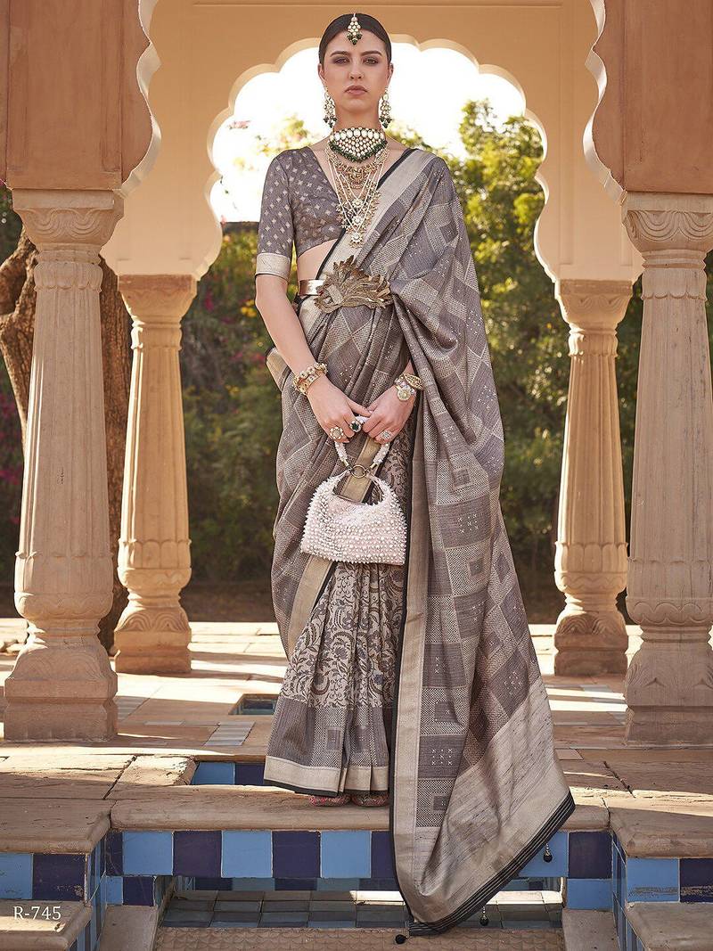 Grey ethnic motifs woven design zari tussar saree