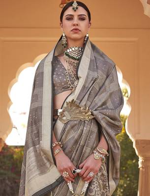 Grey ethnic motifs woven design zari tussar saree 2