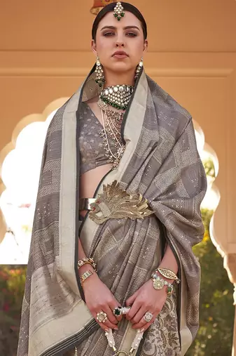 Grey ethnic motifs woven design zari tussar saree