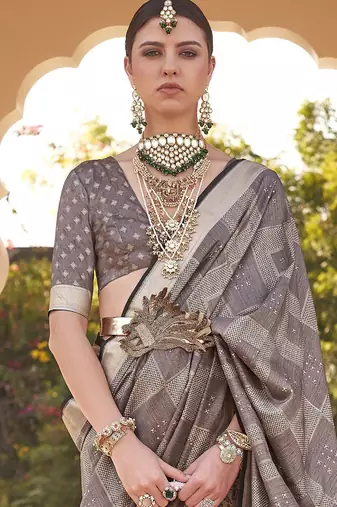 Grey ethnic motifs woven design zari tussar saree