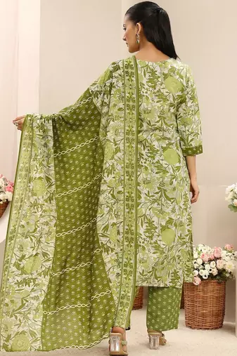 women floral printed regular thread work kurta with trousers & with dupatta