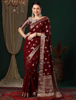 Maroon ethnic motifs woven design zari  georgette kanjeevaram saree 1