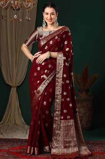 Maroon ethnic motifs woven design zari  georgette kanjeevaram saree