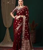 Maroon ethnic motifs woven design zari  georgette kanjeevaram saree