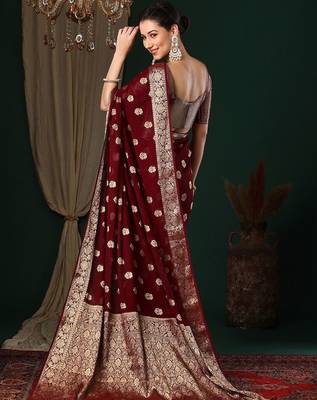 Maroon ethnic motifs woven design zari  georgette kanjeevaram saree 2