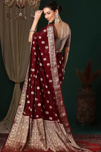 Maroon ethnic motifs woven design zari  georgette kanjeevaram saree