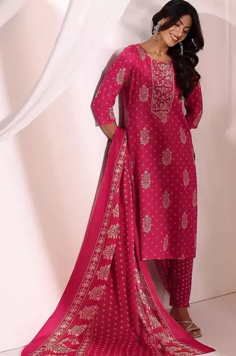 women ethnic motifs printed regular kurta with trousers & with dupatta