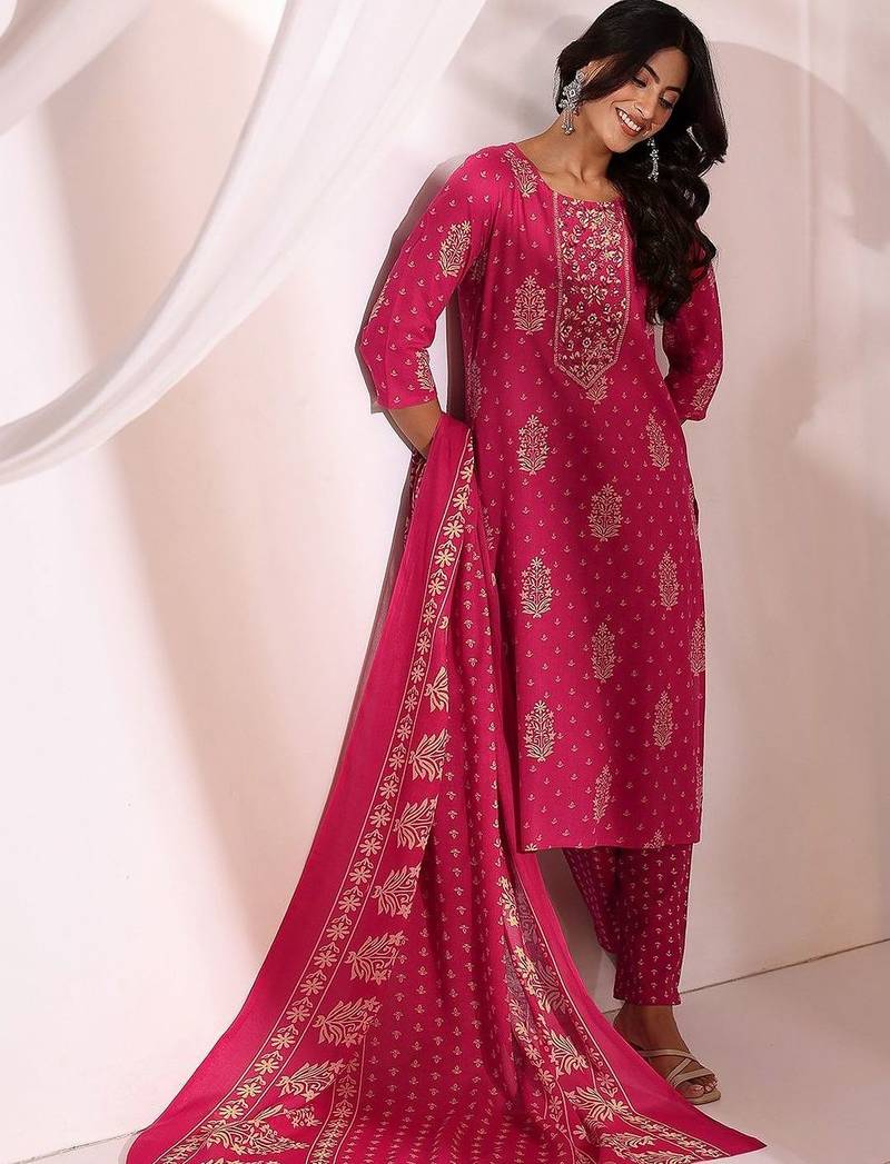 women ethnic motifs printed regular kurta with trousers & with dupatta