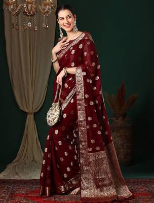 Maroon ethnic motifs woven design zari  georgette kanjeevaram saree 3