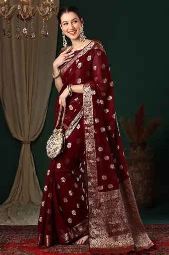 Maroon ethnic motifs woven design zari  georgette kanjeevaram saree