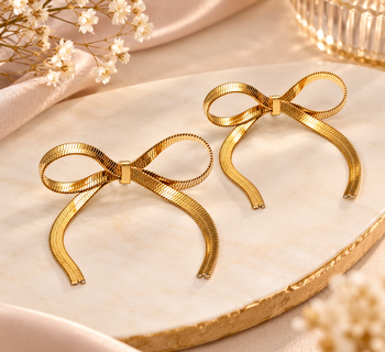 Gold bow stud earrings, herringbone chain, anti-tarnish 2