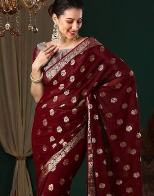 Maroon ethnic motifs woven design zari  georgette kanjeevaram saree 4