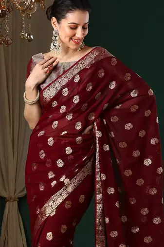 Maroon ethnic motifs woven design zari  georgette kanjeevaram saree
