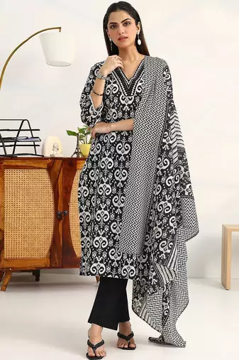 women ethnic motifs printed regular thread work kurta with trousers & with dupatta