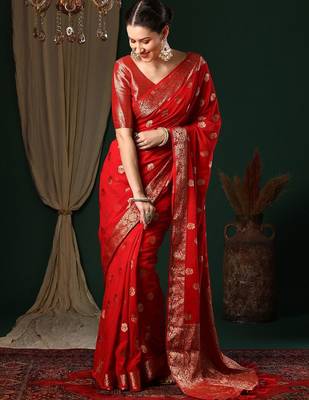 Red red ethnic motifs woven design zari  georgette kanjeevaram saree 1