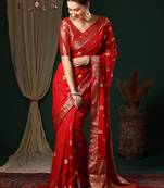 Red red ethnic motifs woven design zari  georgette kanjeevaram saree