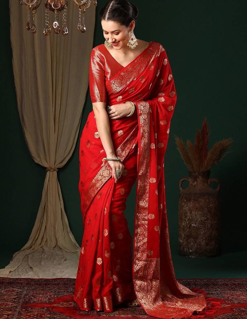 Red red ethnic motifs woven design zari  georgette kanjeevaram saree