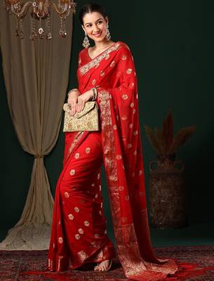 Red red ethnic motifs woven design zari  georgette kanjeevaram saree 2