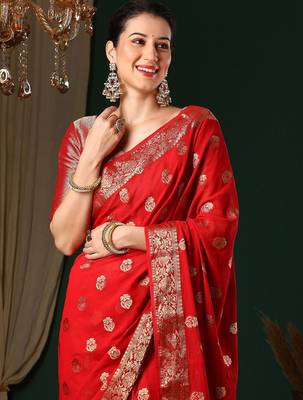 Red red ethnic motifs woven design zari  georgette kanjeevaram saree 4
