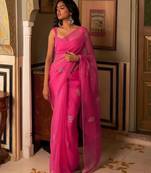 Pink floral embroidered organza saree with blouse piece