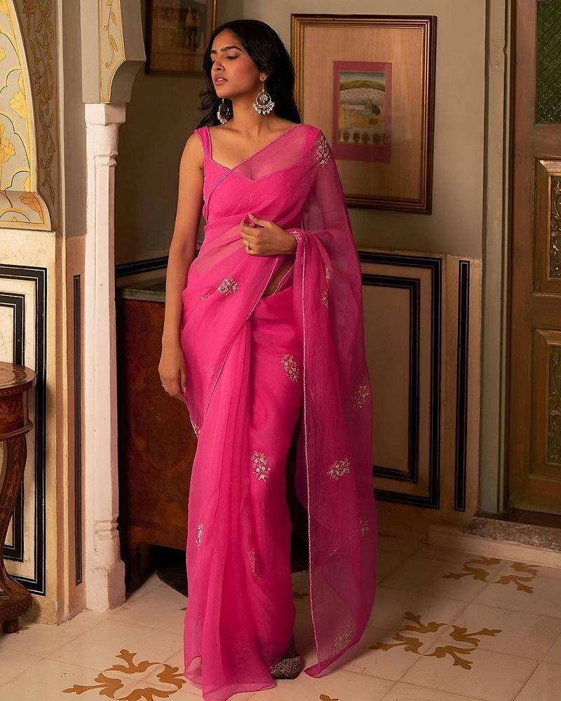 Pink floral embroidered organza saree with blouse piece