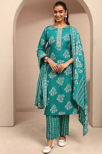 women floral printed regular thread work kurta with trousers & with dupatta
