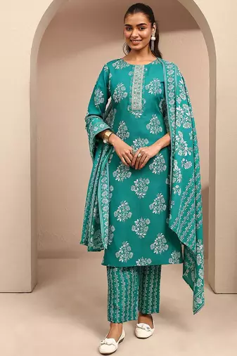 women floral printed regular thread work kurta with trousers & with dupatta