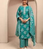 women floral printed regular thread work kurta with trousers & with dupatta