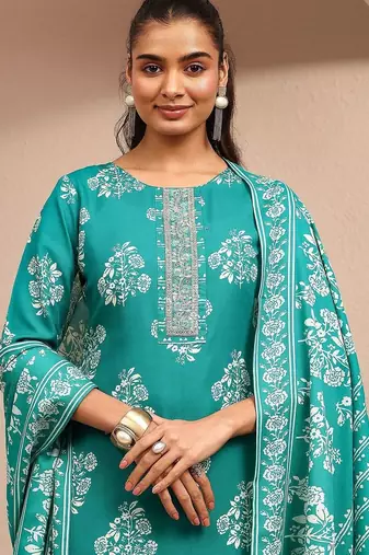 women floral printed regular thread work kurta with trousers & with dupatta
