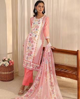 libas peach floral printed straight suit set with dupatta 1