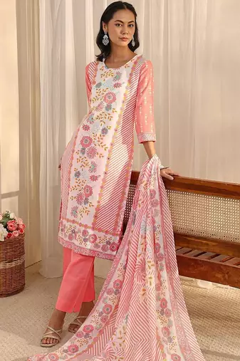 libas peach floral printed straight suit set with dupatta