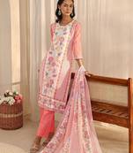 libas peach floral printed straight suit set with dupatta