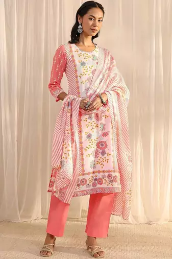 libas peach floral printed straight suit set with dupatta